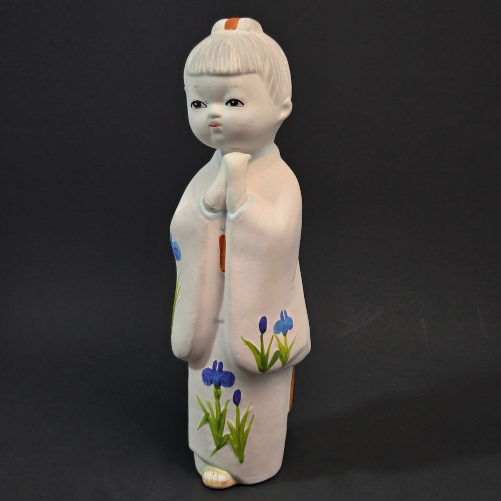 Vintage Japanese Hakata Ceramic Girl Doll Kimono Iris Flower Made in Japan